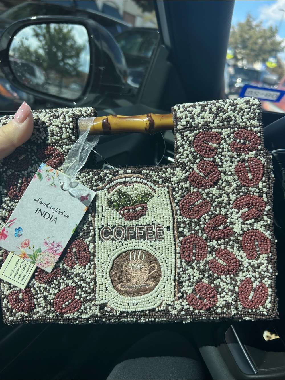 Handcrafted Beaded Coffee Bag with Bamboo Handle